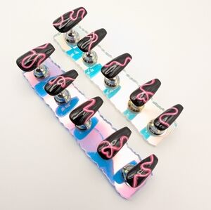 Handcrafted Neon Hearts Black And Pink Med. Coffin    Press-On Nails Handmade